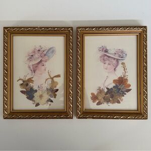 Vintage Victorian Portrait Pairing with Real Pressed Flowers in Ornate Frames